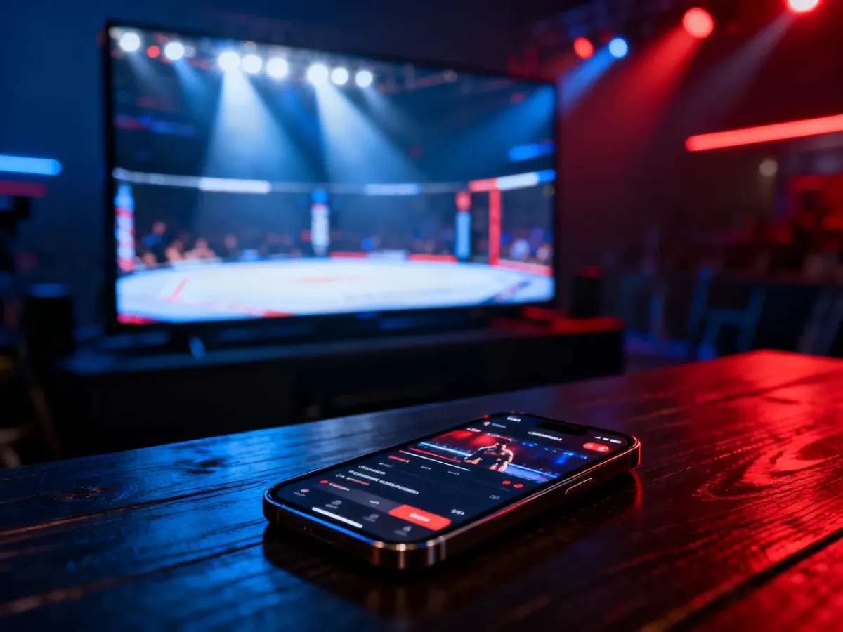 Smartfon z interfejsem transmisji na żywo na tle telewizora wyświetlającego galę MMA.