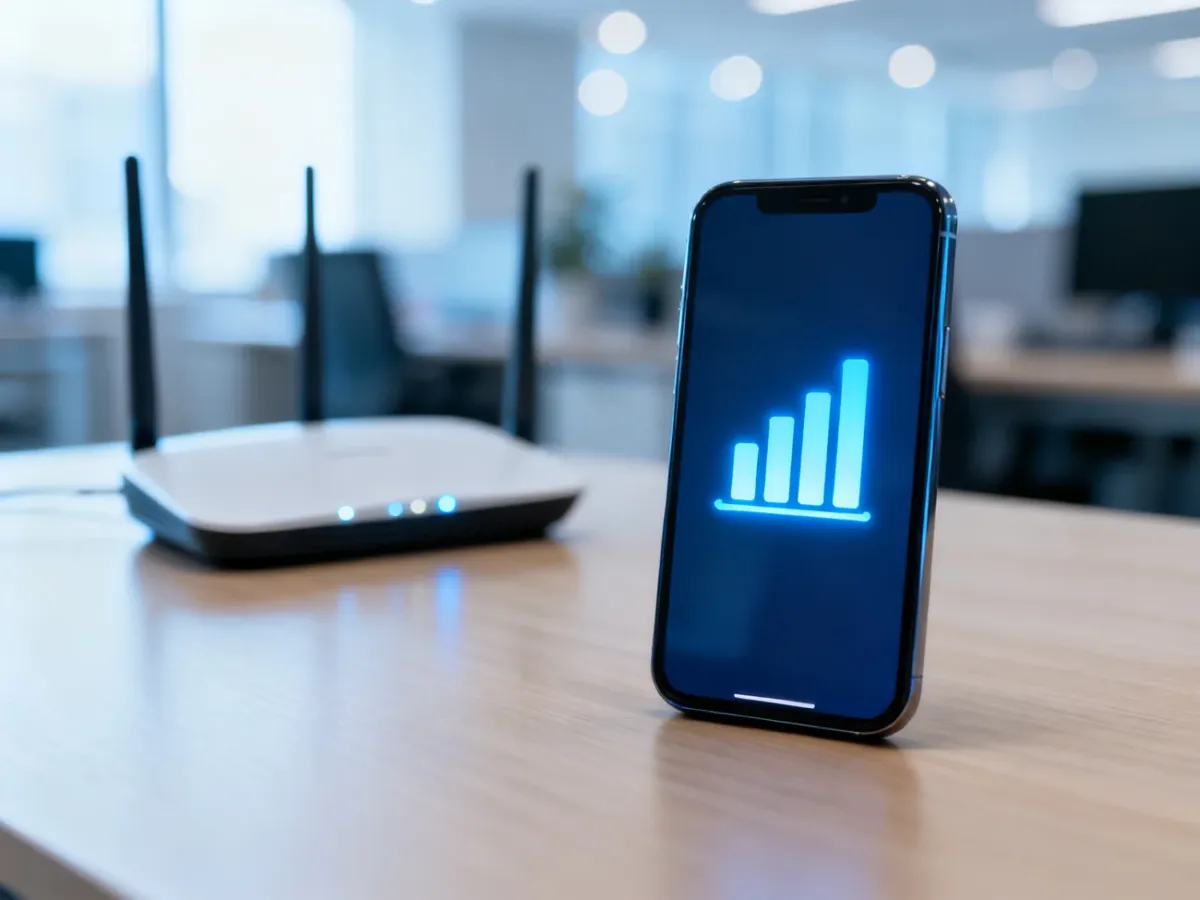 Ekran smartfona z ikoną pełnego zasięgu WiFi na tle nowoczesnego routera, ilustrujący pomiar siły sygnału sieci bezprzewodowej.