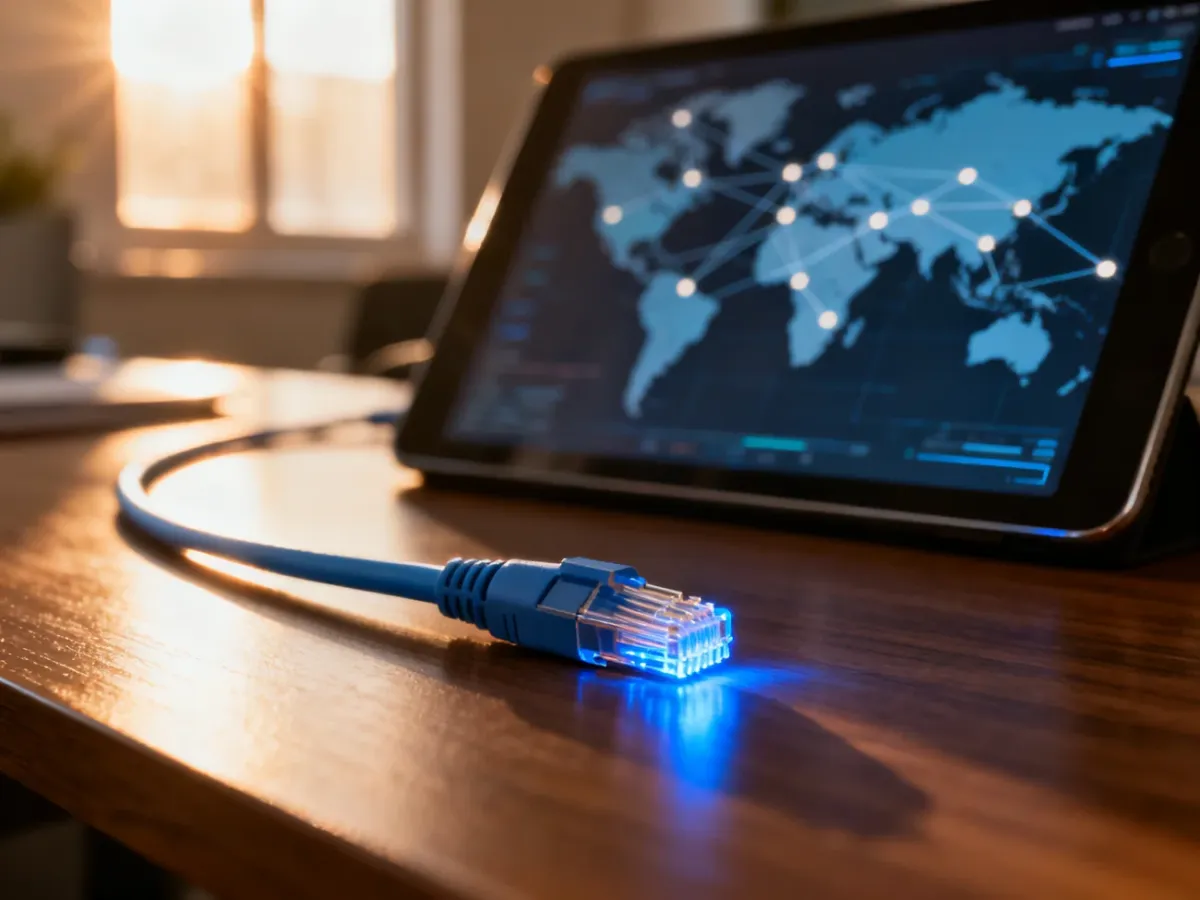 Końcówka kabla światłowodowego na biurku z rozmytą mapą sieci w tle, symbolizująca dostępność łącza internetowego.