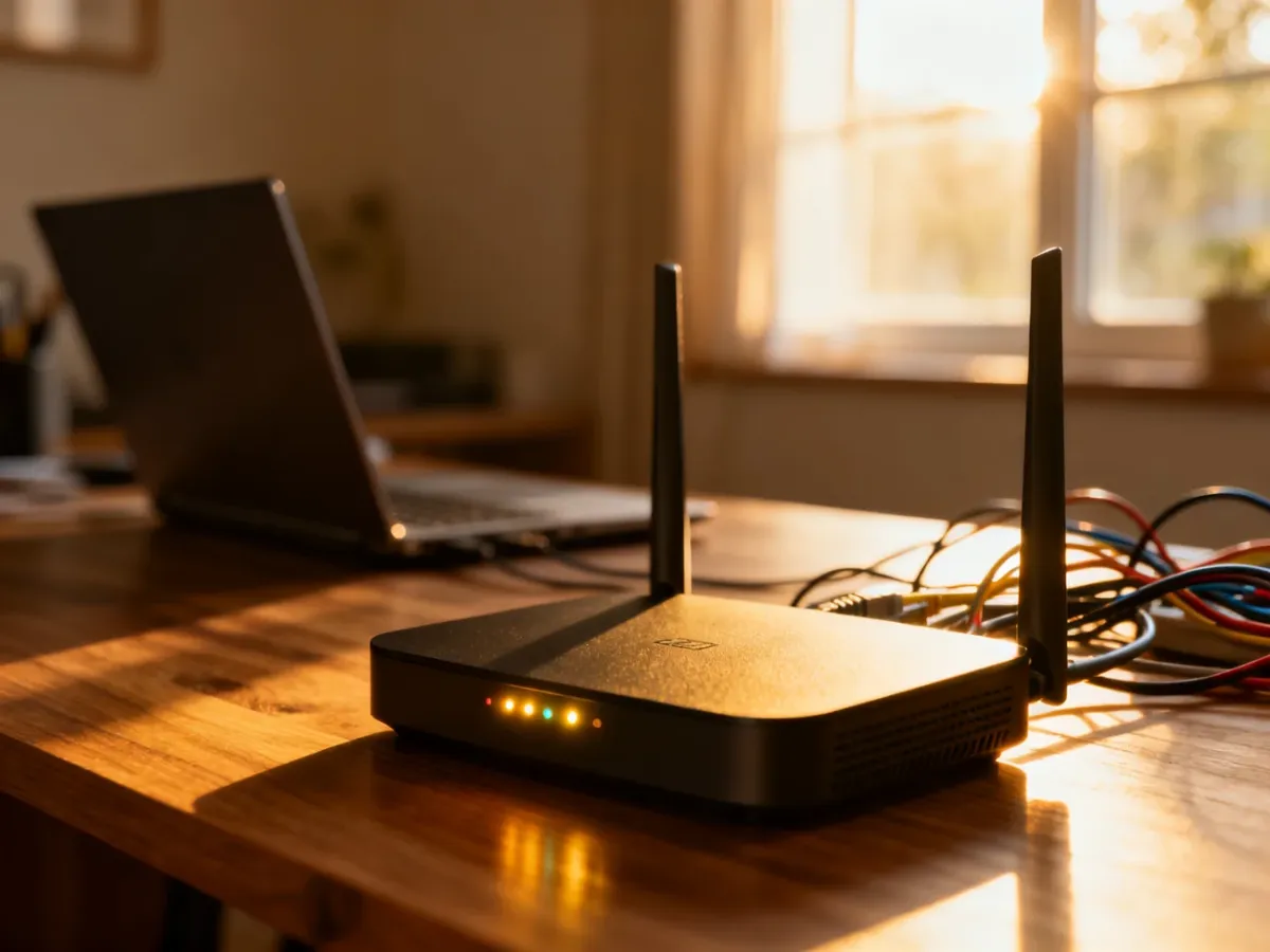 Nowoczesny router z aktywnymi diodami LED na drewnianym biurku w domowym biurze.