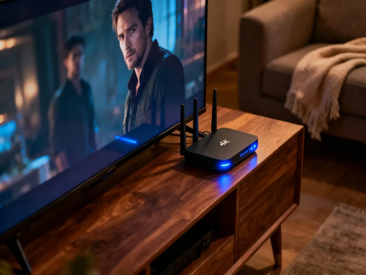 Nowoczesny telewizor 4K oraz router Wi-Fi w przytulnym salonie, symbolizujące gotowość do streamingu filmów w wysokiej jakości.