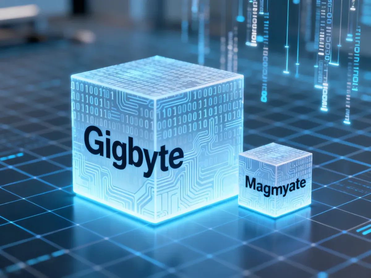 Wizualizacja 3D przedstawiająca różnicę wielkości między gigabajtem a megabajtem w formie cyfrowych bloków danych.