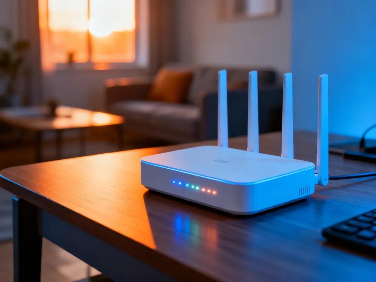 Nowoczesny router mesh na drewnianym biurku w minimalistycznym biurze, podkreślający estetykę domowej sieci Wi-Fi.
