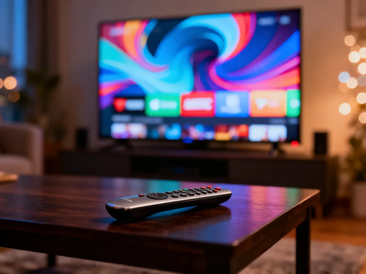 Nowoczesny salon z pilotem na stole i telewizorem wyświetlającym kolorowy interfejs usług streamingowych.
