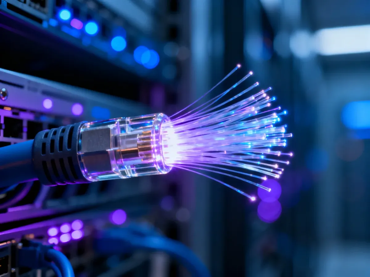 Zbliżenie na nowoczesny kabel światłowodowy z widocznymi wiązkami światła na tle serwerowni, ilustrujące technologię przesyłu danych.