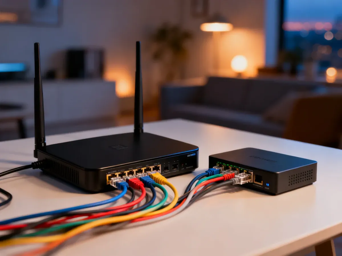 Nowoczesny router i switch sieciowy z podłączonymi kablami LAN na biurku w domowym biurze.