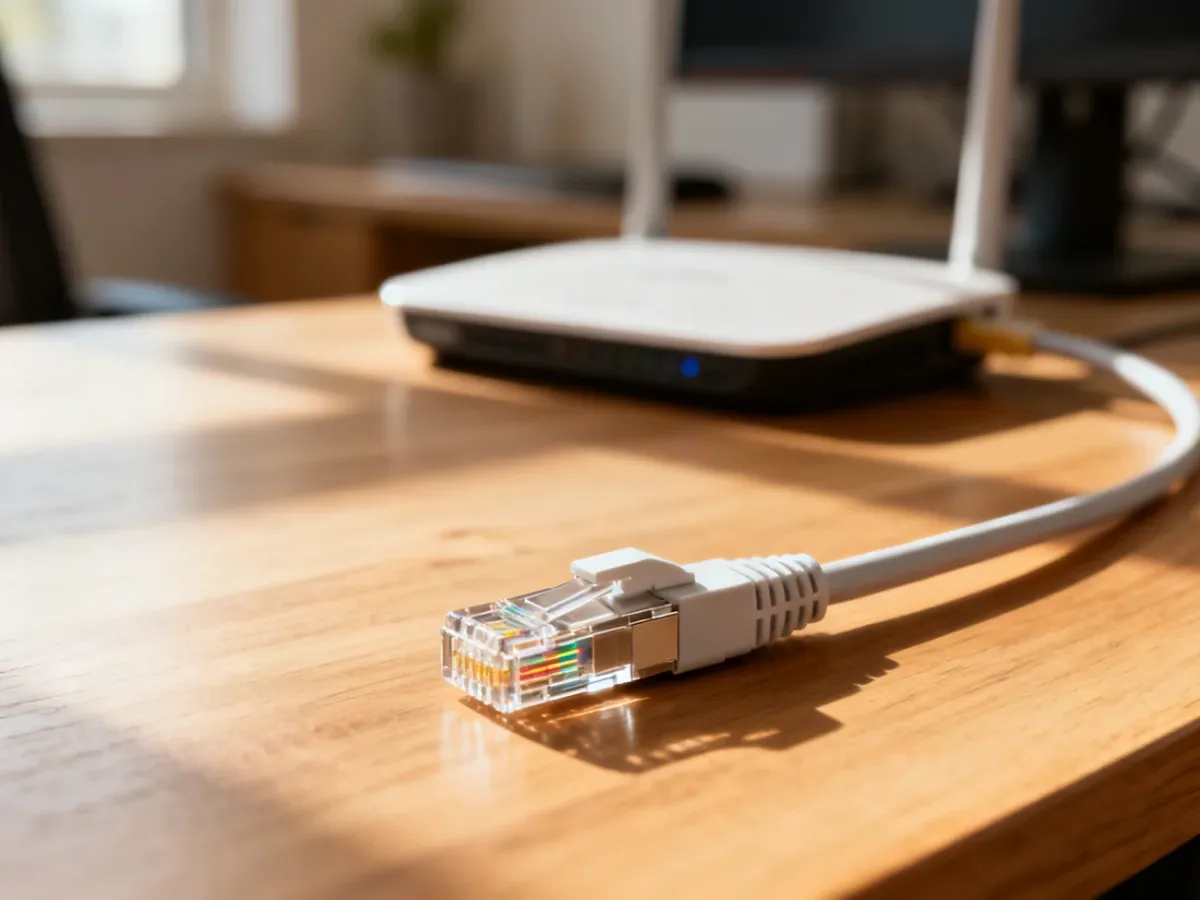 Złącze światłowodowe na biurku, symbolizujące nowoczesne usługi telekomunikacyjne i domowe połączenie z internetem.