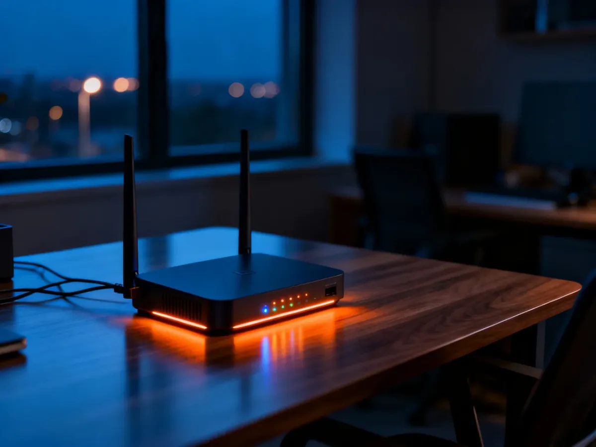 Nowoczesny router z migającymi diodami na biurku w domowym biurze podczas wieczoru, symbolizujący działanie sieci domowej.
