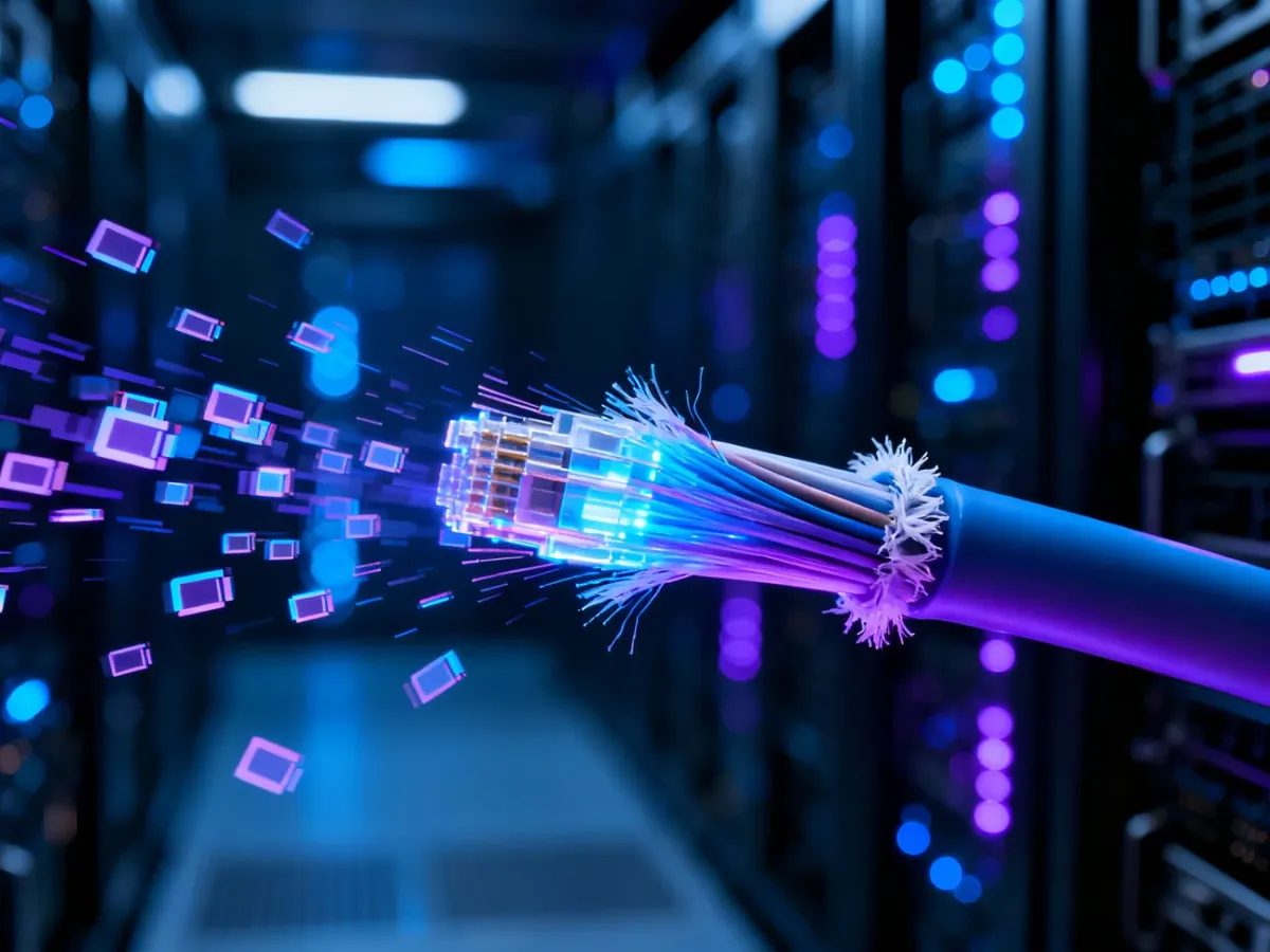 Światłowód z rozproszonymi pakietami danych symbolizujący niestabilność sieci i zjawisko jittera w transmisji internetowej.