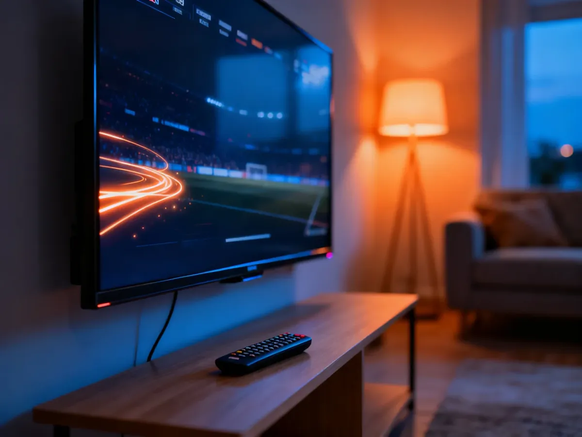 Nowoczesny salon z telewizorem wyświetlającym interfejs transmisji sportowej, gotowy do oglądania gali Fame MMA.