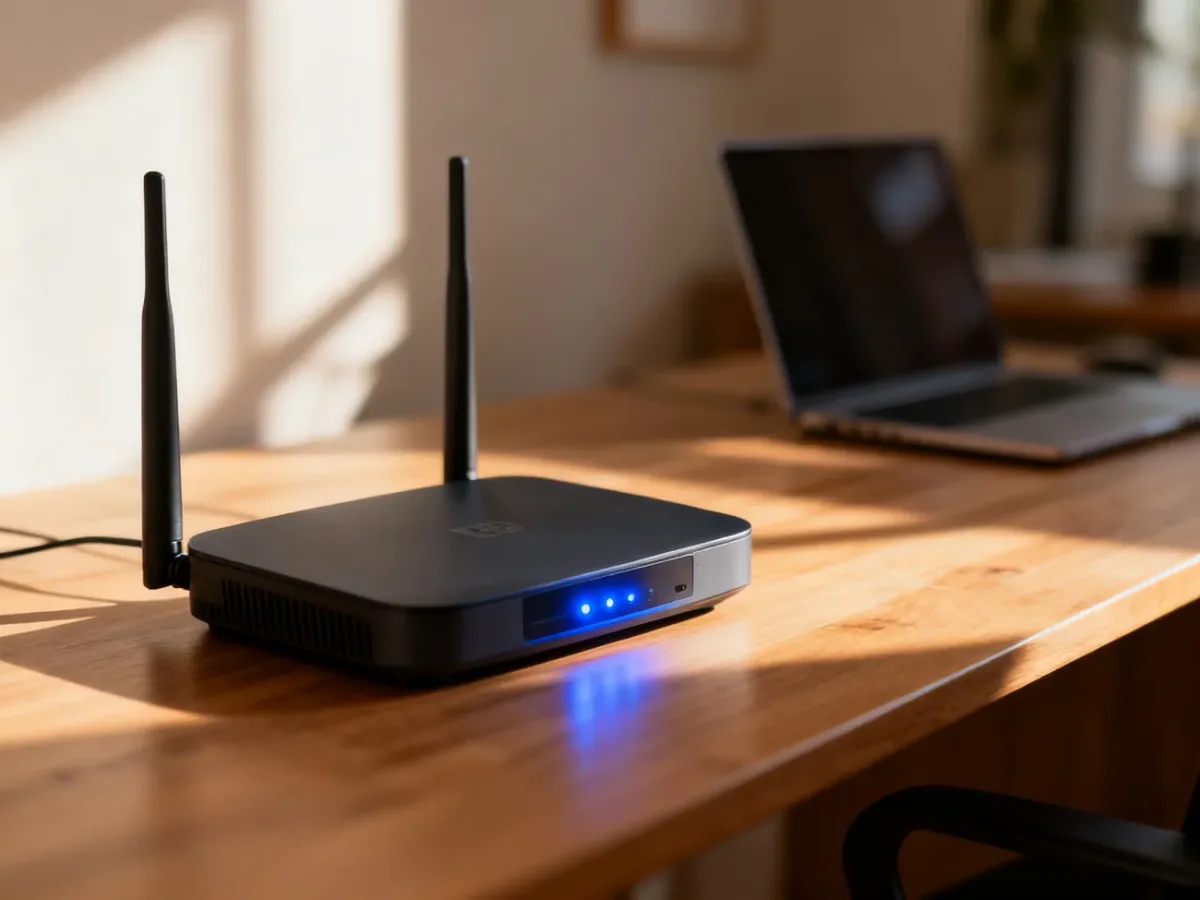 Nowoczesny router z aktywnymi diodami LED na drewnianym biurku w domowym biurze.