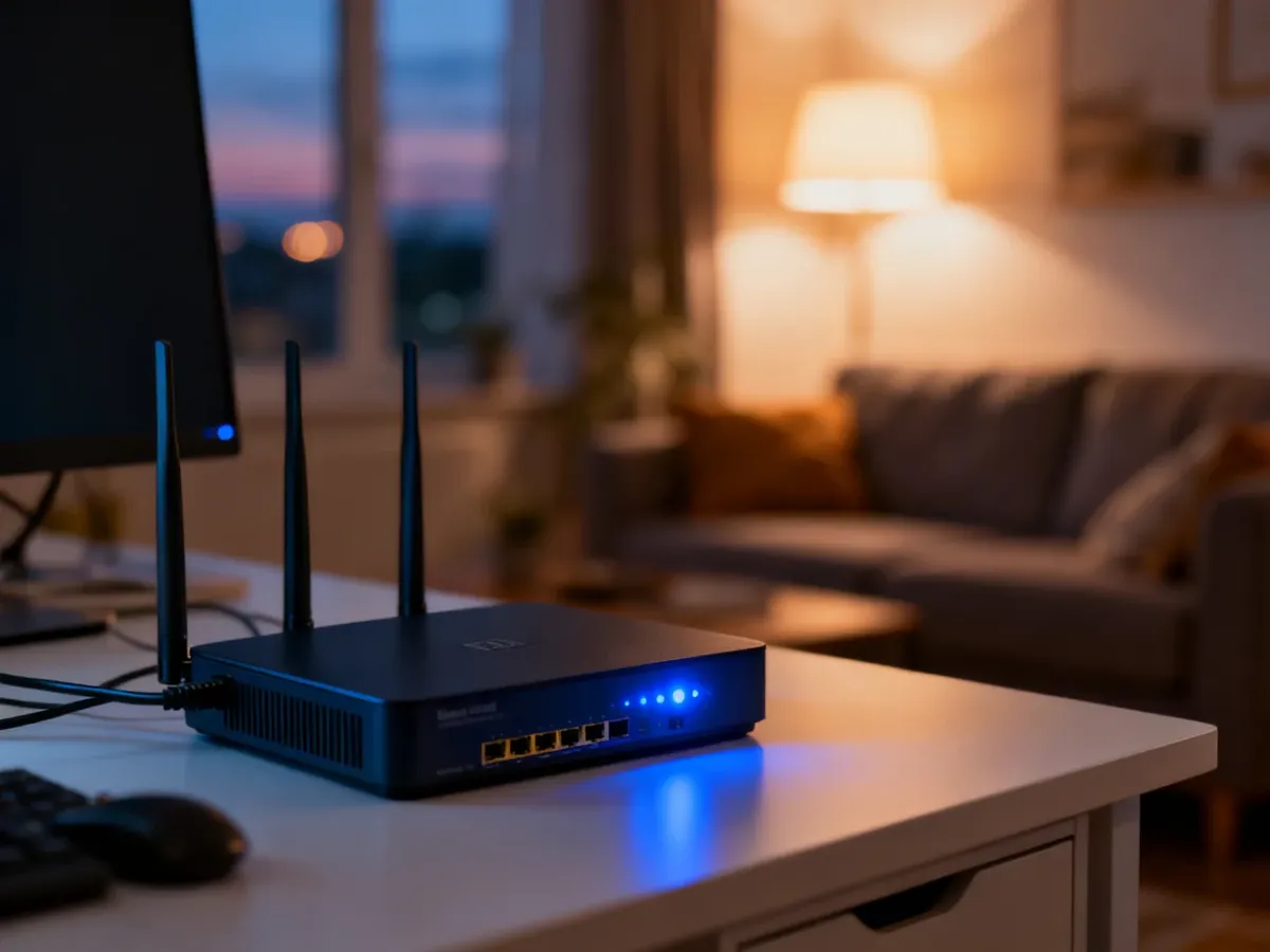 Nowoczesny router światłowodowy na biurku w przytulnym, domowym wnętrzu, symbolizujący szybkie połączenie internetowe.