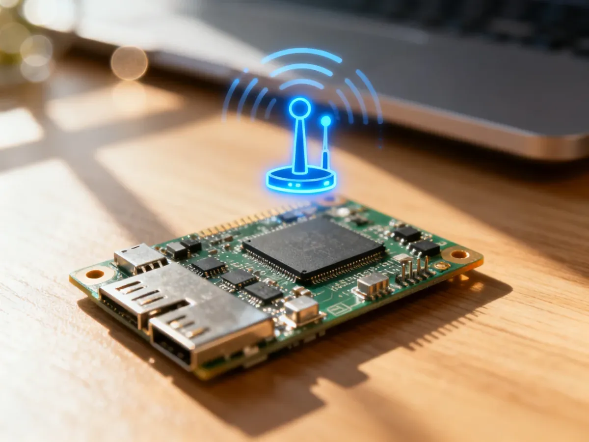 Wnętrze karty sieciowej Wi-Fi umieszczone na drewnianym biurku, symbolizujące technologię bezprzewodową.