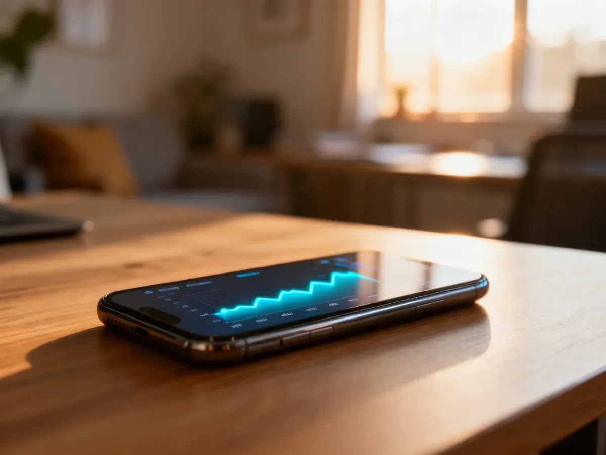 Smartfon leżący na biurku z wyświetlonym wykresem zużycia danych, obrazujący monitorowanie limitu internetu.