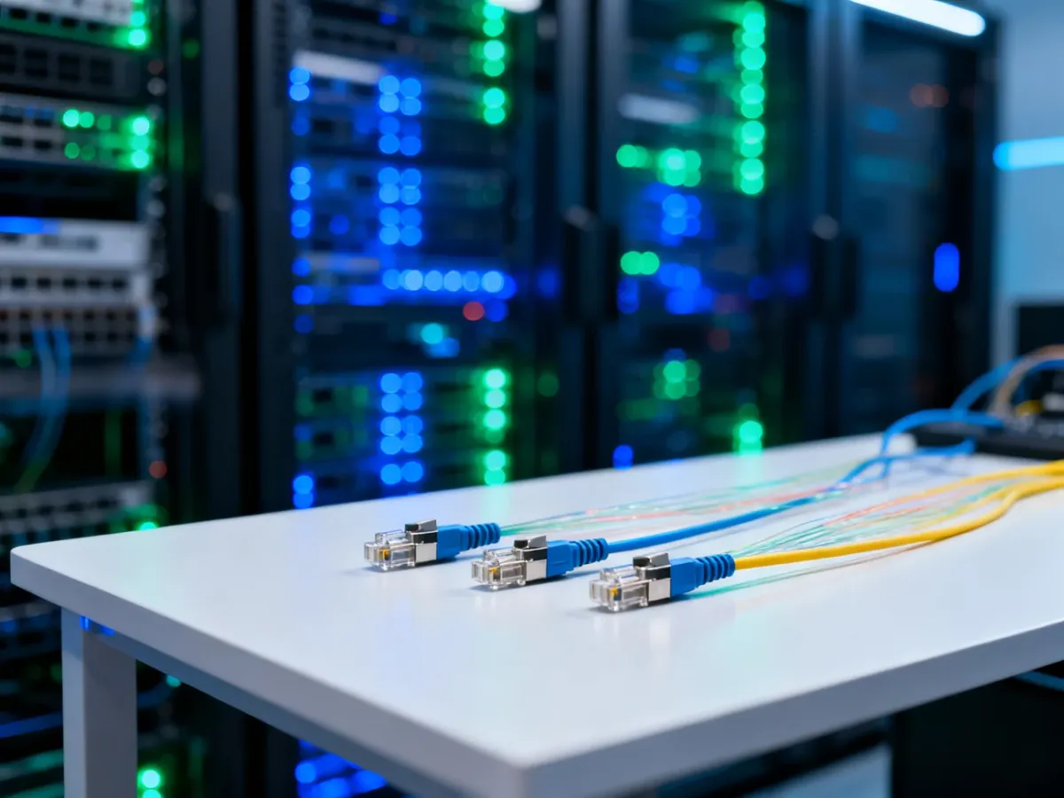 Złącza kabla światłowodowego na biurku na tle nowoczesnej serwerowni, symbolizujące szybką technologię internetową.