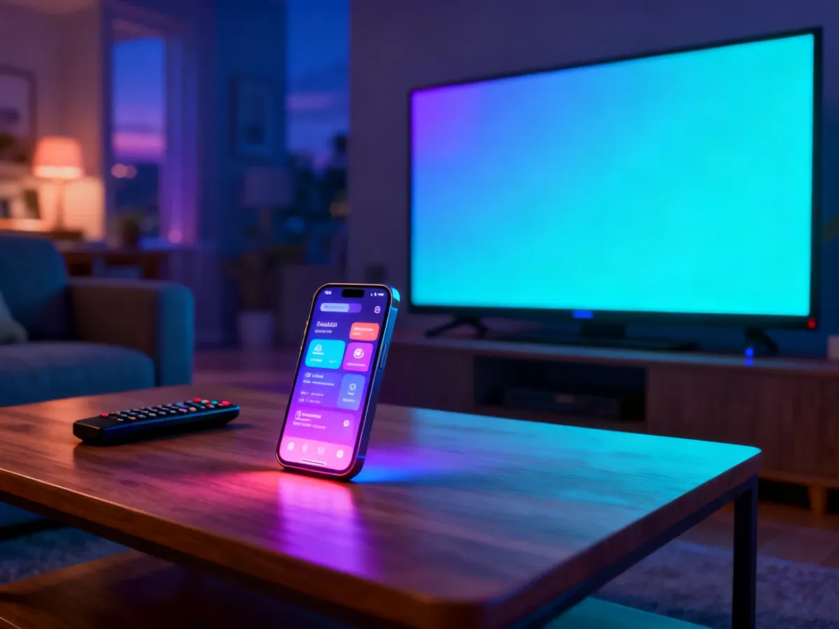 Nowoczesny smartfon przesyłający obraz na ekran telewizora w przytulnym salonie. Ilustracja 3D przedstawiająca streaming.