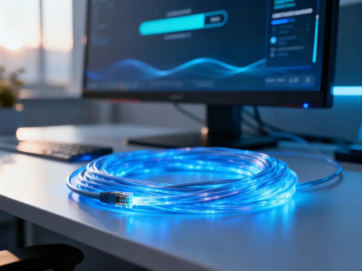 Światłowód na biurku obok monitora wyświetlającego płynny streaming, symbolizujący szybkie i stabilne łącze internetowe.