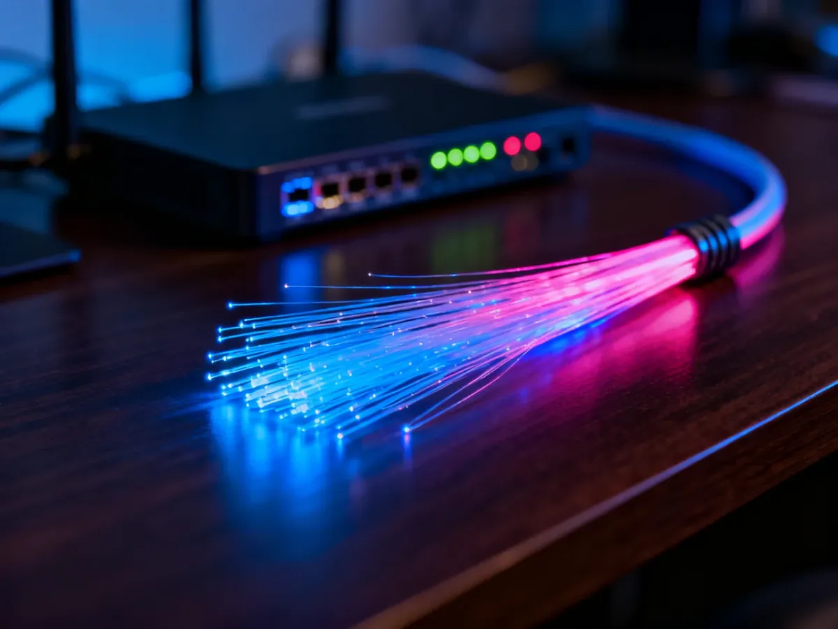Światłowód z jarzącymi się włóknami na biurku oraz router w tle, symbolizujące nowoczesne i szybkie połączenie internetowe.