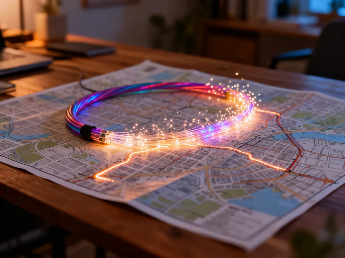Świetlisty kabel światłowodowy wyznaczający trasę na mapie miasta, symbolizujący planowanie infrastruktury sieciowej.