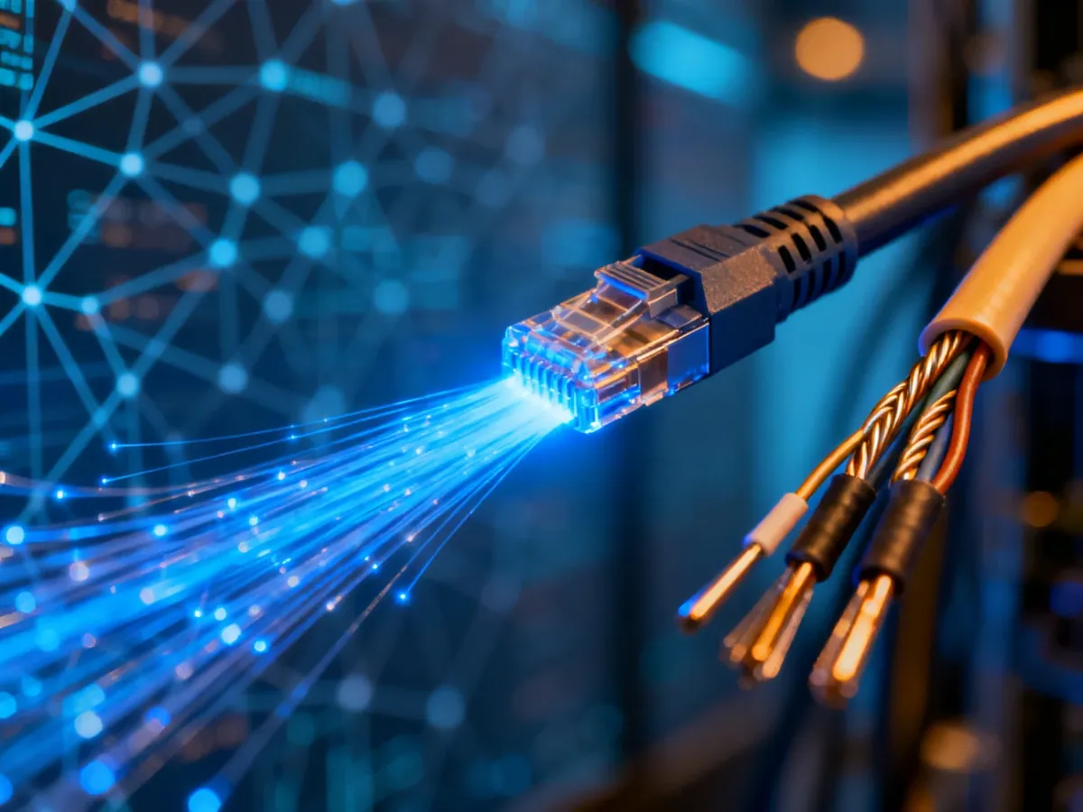 Kabel światłowodowy obok koncentrycznego na tle cyfrowej sieci, ilustrujący porównanie technologii IPTV i telewizji kablowej.