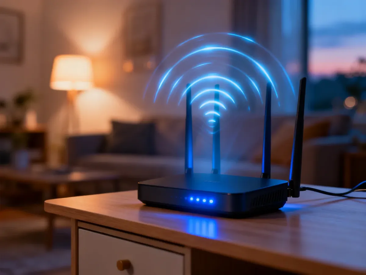Nowoczesny router Wi-Fi na drewnianym biurku z wizualizacją rozchodzącego się sygnału w przytulnym salonie.