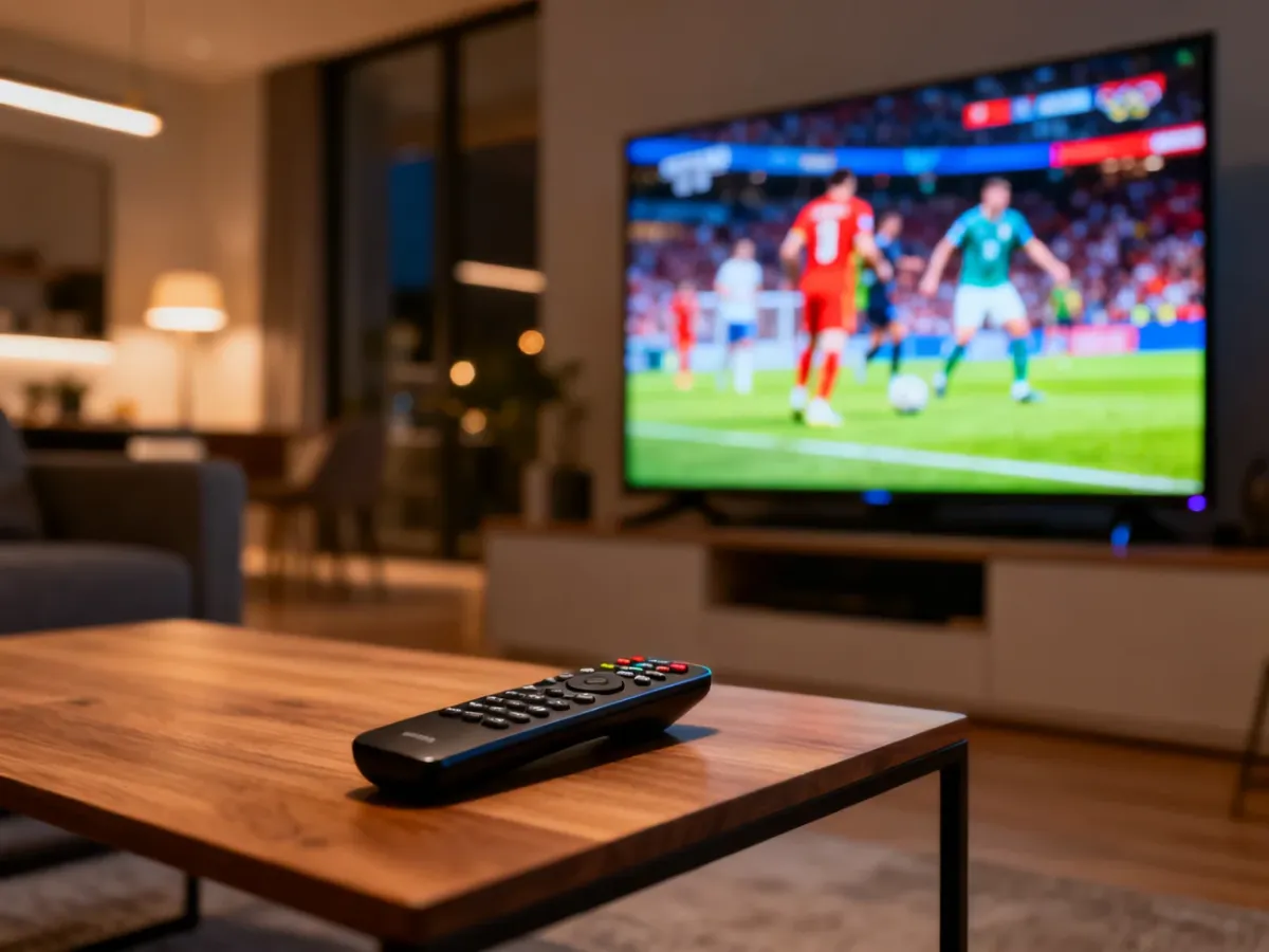 Nowoczesny salon z telewizorem wyświetlającym transmisję sportową oraz pilotem na stole, zachęcający do oglądania sportu.
