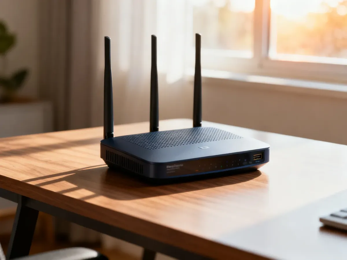 Nowoczesny router na biurku w minimalistycznym domowym biurze, zapewniający dostęp do szybkiego internetu.
