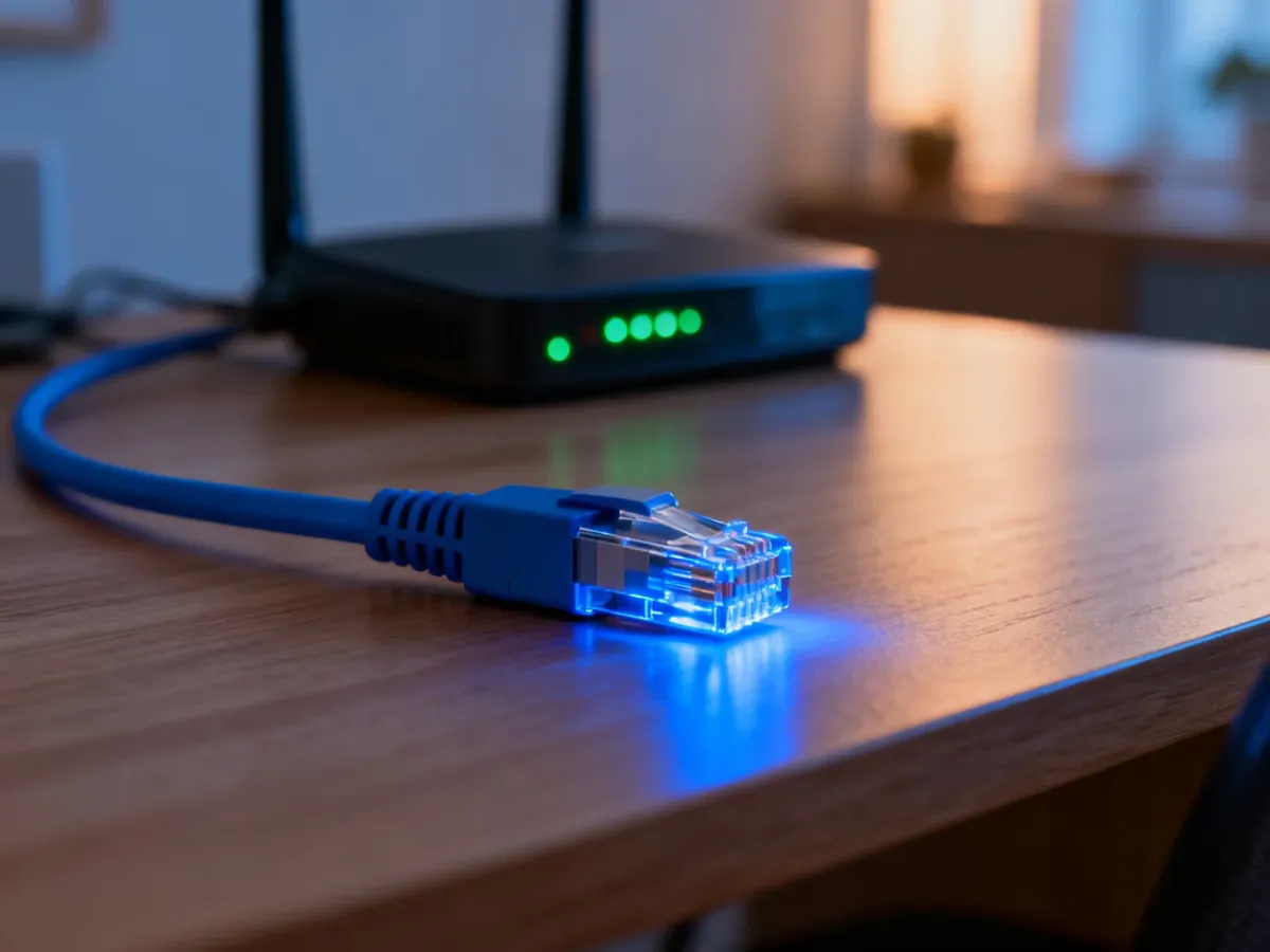 Wtyczka kabla światłowodowego na biurku obok routera Wi-Fi, symbolizująca nowoczesne połączenie internetowe.