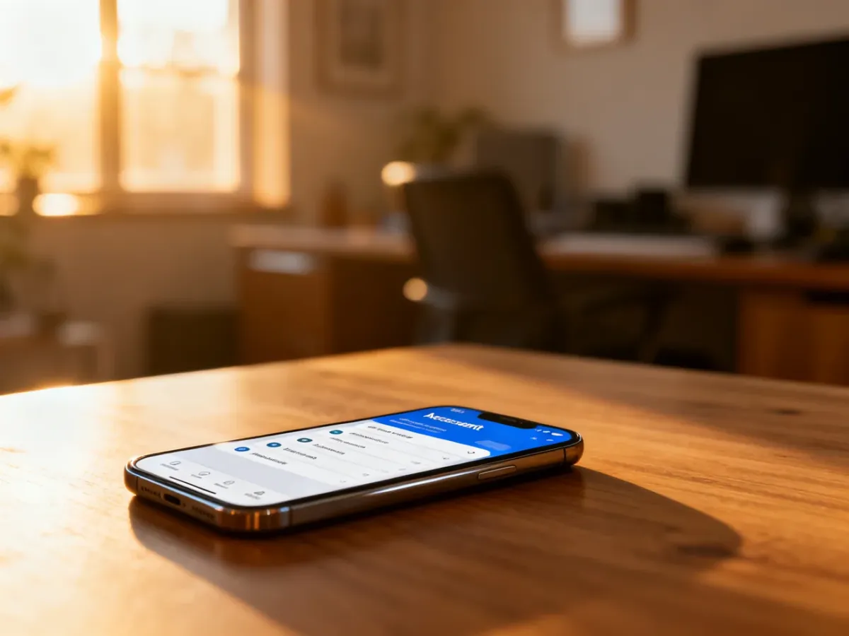 Nowoczesny smartfon z wyświetlonym panelem zarządzania kontem, leżący na drewnianym biurku w przytulnym domowym biurze.