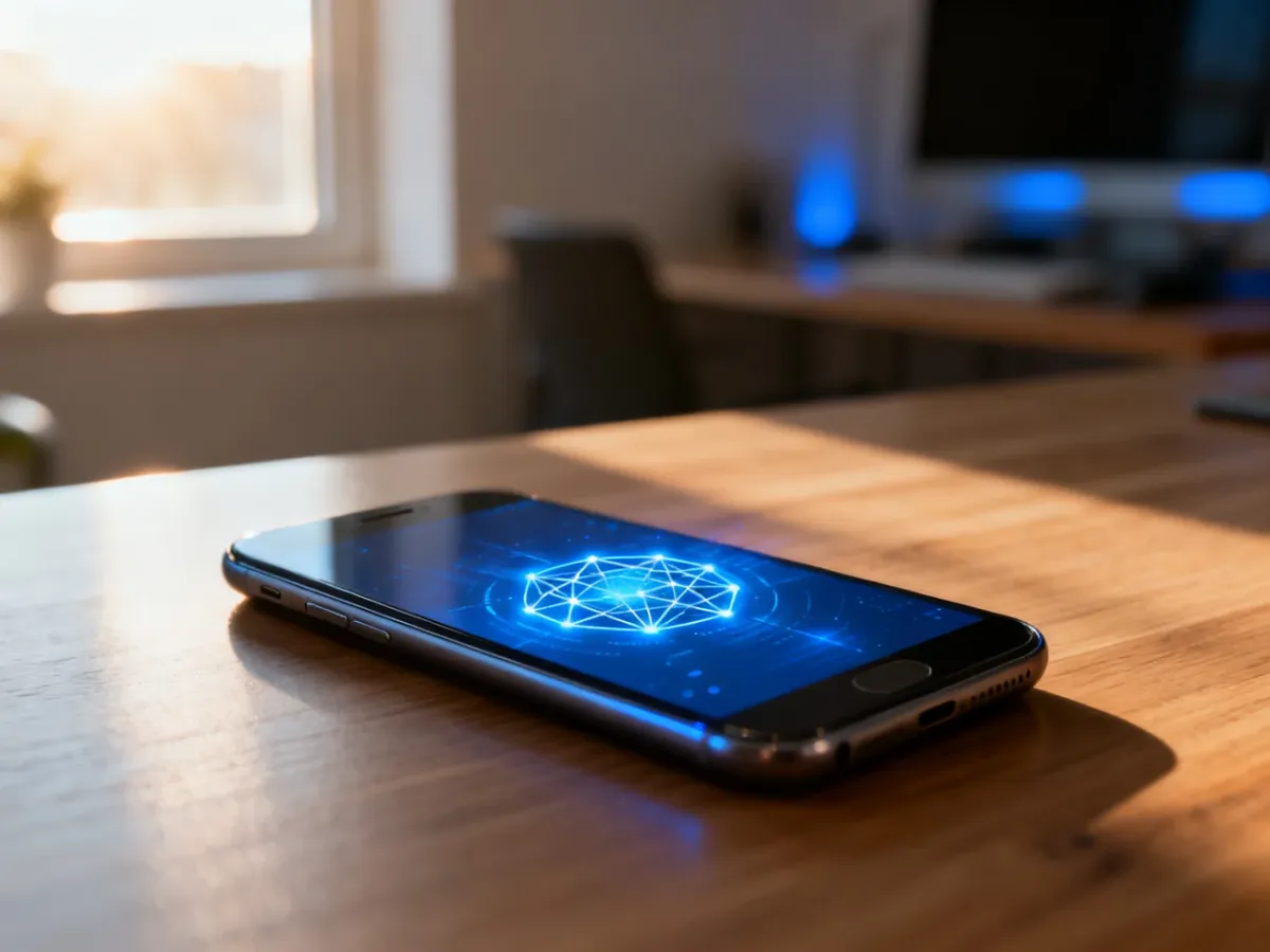 Nowoczesny smartfon na biurku z ikoną sieci na ekranie, symbolizującą szybkie połączenie bezprzewodowe.