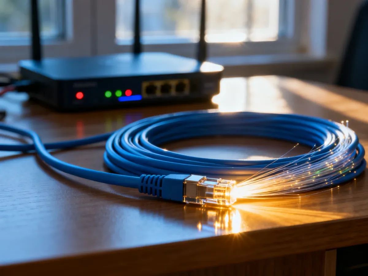 Zrolowany kabel światłowodowy z widocznym rdzeniem na drewnianym biurku oraz rozmyty router w tle.