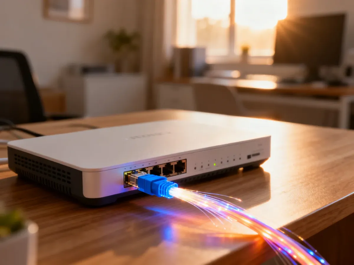 Nowoczesny router światłowodowy z podłączanym kablem na drewnianym biurku. Ilustracja procesu instalacji internetu.