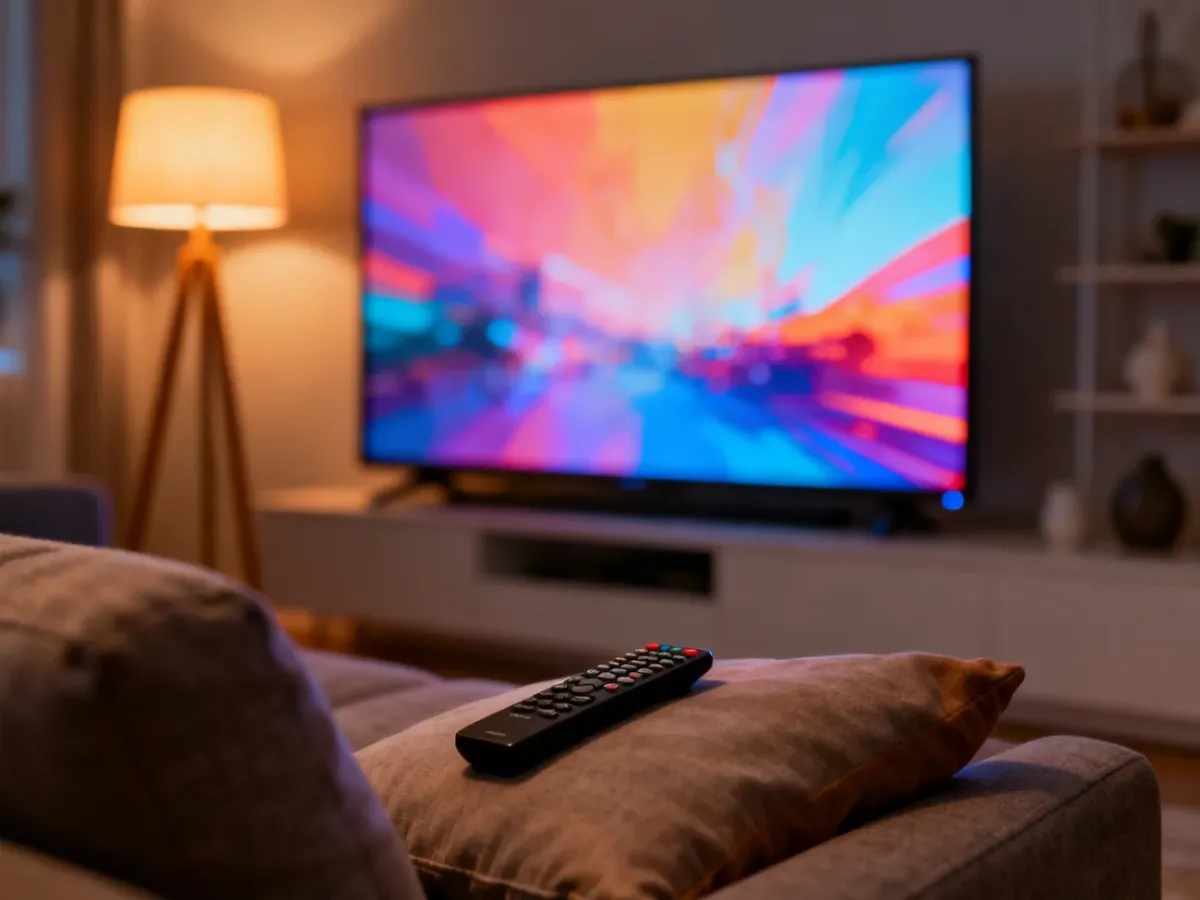 Nowoczesny salon z dużym telewizorem wyświetlającym film, tworzący przytulną atmosferę do wspólnego oglądania treści.