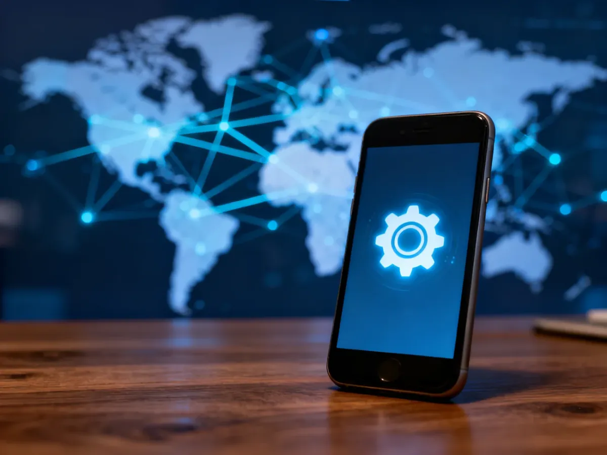 Smartfon na drewnianym biurku z ikoną ustawień, symbolizujący konfigurację roamingu danych w podróży.