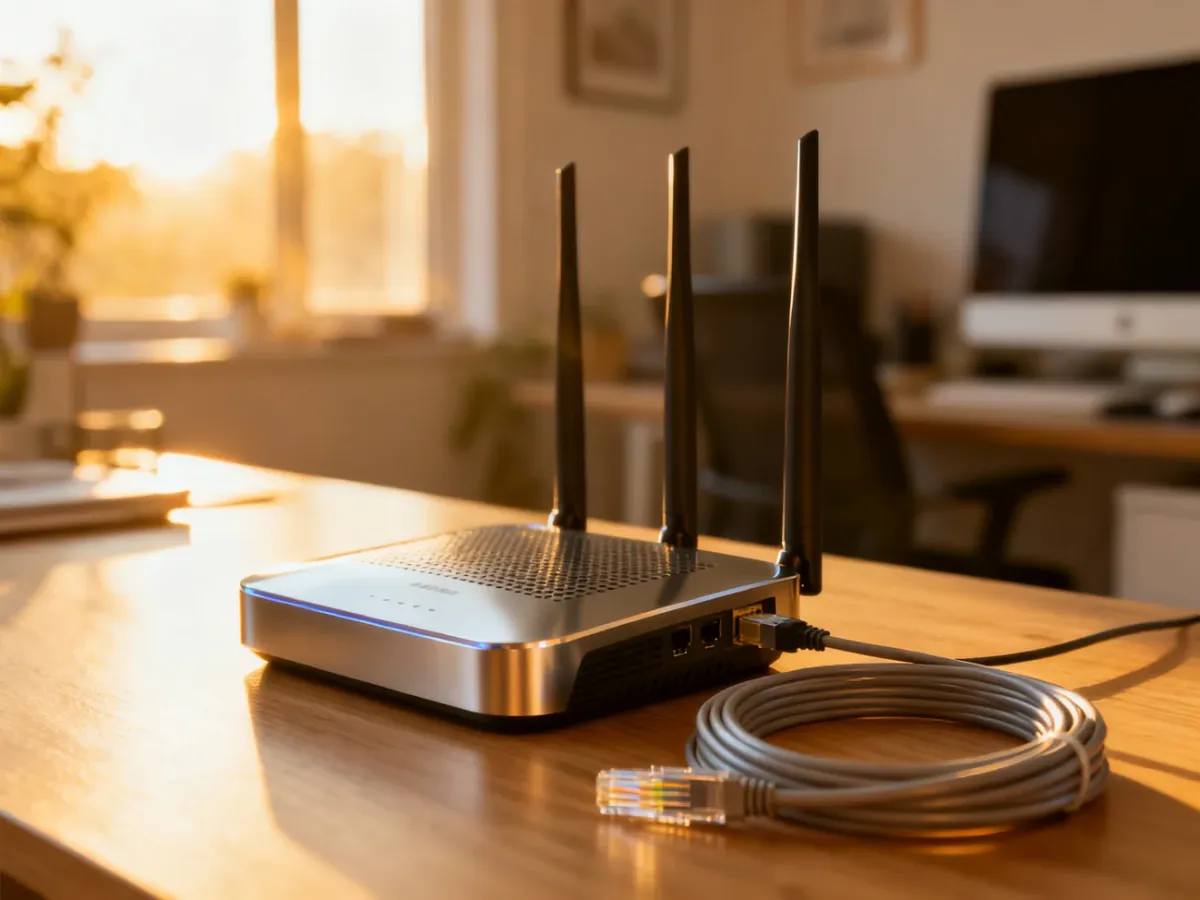 Nowoczesny router Wi-Fi z kablem światłowodowym na biurku, symbolizujący wybór stabilnego łącza internetowego w domu.