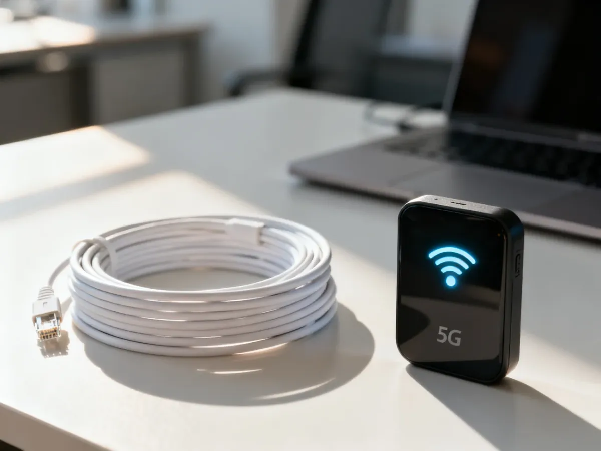 Porównanie kabla światłowodowego oraz przenośnego routera 5G na biurku, obrazujące różnice między internetem stacjonarnym a mobilnym.