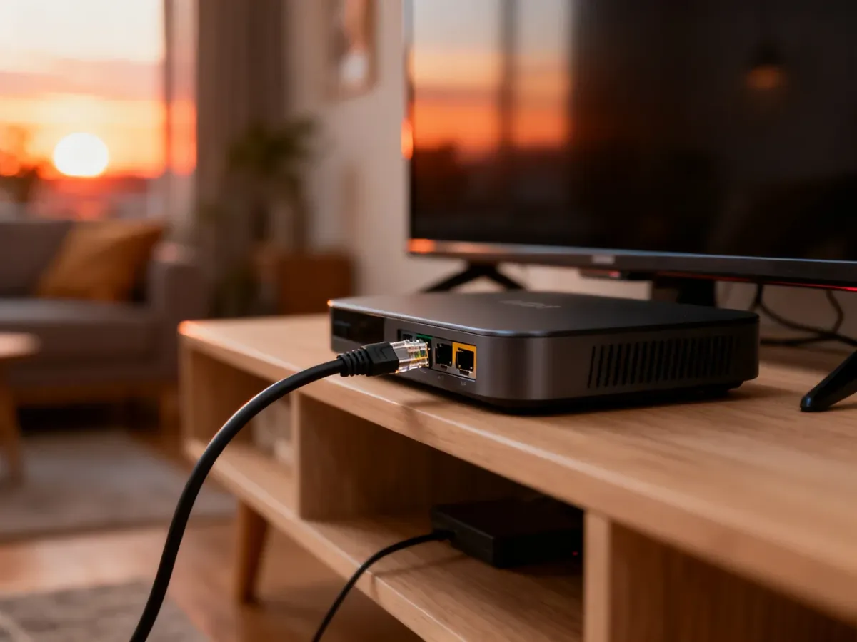 Kabel Ethernet wpinany do portu dekodera telewizyjnego ustawionego na drewnianej szafce RTV.