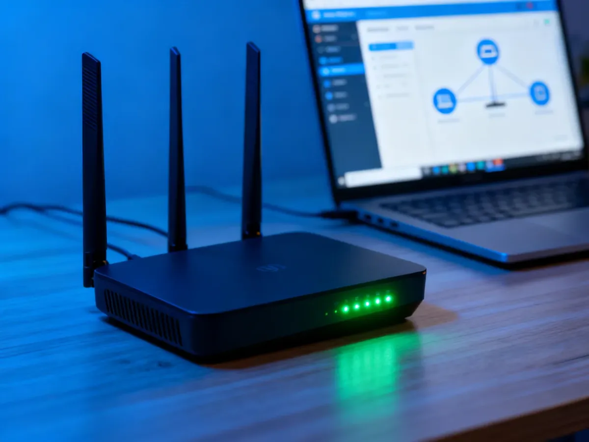 Nowoczesny router z aktywnymi diodami na biurku, w tle rozmyty ekran laptopa z panelem zarządzania siecią Wi-Fi.