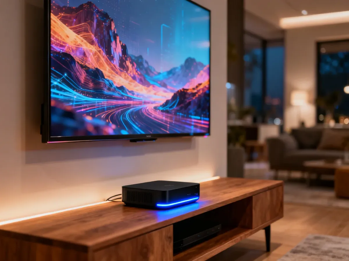 Nowoczesny telewizor Smart TV oraz dekoder cyfrowy na tle przytulnego salonu, prezentujące opcje wyboru sprzętu do oglądania.