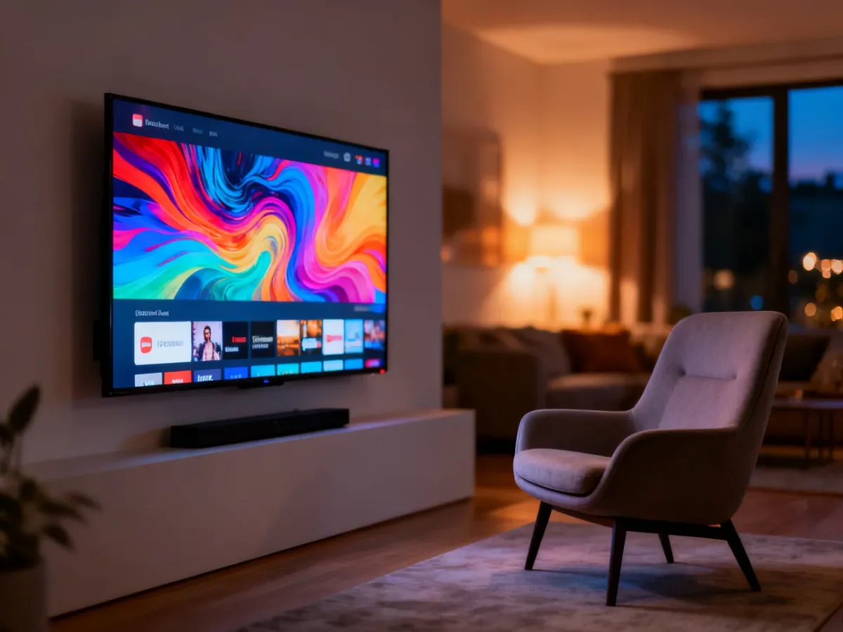 Nowoczesny salon z telewizorem wyświetlającym interfejs platformy streamingowej w przytulnym, wieczornym oświetleniu.