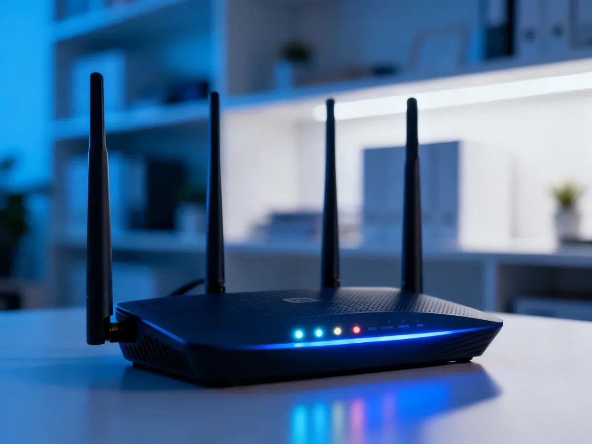 Nowoczesny router bezprzewodowy z aktywnymi diodami LED, sygnalizującymi działanie sieci w domowym biurze.