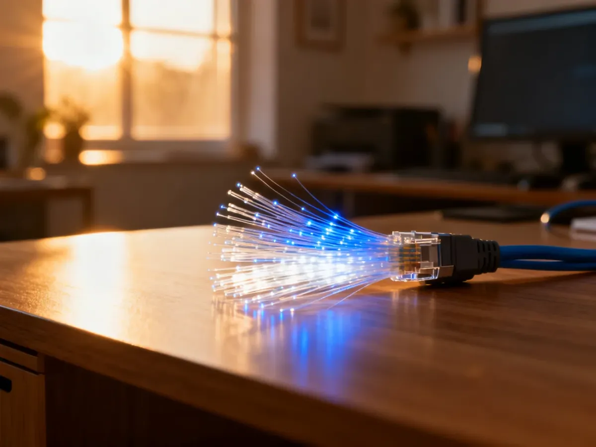 Światłowód świecący jasnym światłem na drewnianym biurku, symbolizujący szybkie i nowoczesne łącze internetowe w domu.