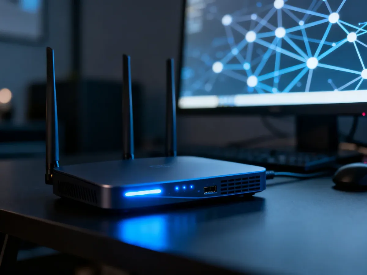 Nowoczesny router z niebieskim podświetleniem w domowym biurze, symbolizujący stabilne połączenie sieciowe.