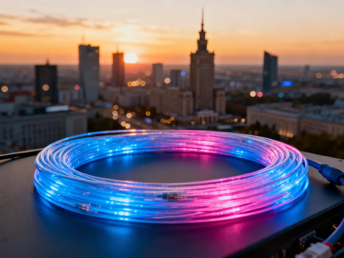 Nowoczesna panorama Warszawy o zachodzie słońca z podświetlonym kablem światłowodowym na pierwszym planie.