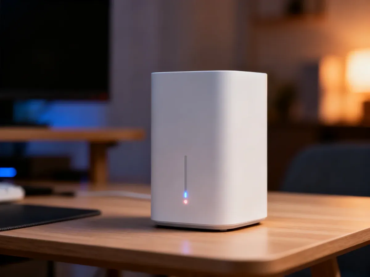 Nowoczesny biały router mesh stojący na drewnianym biurku, symbolizujący stabilną sieć bezprzewodową w domu.