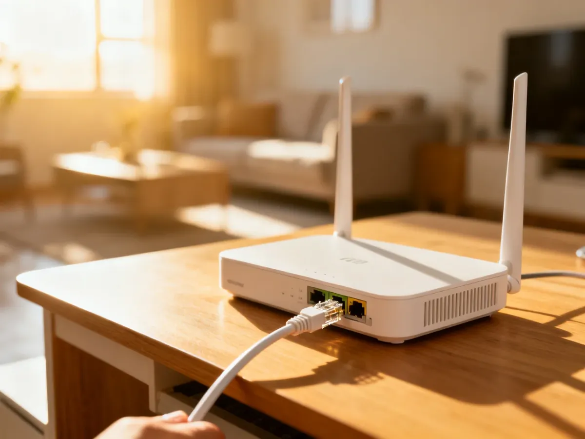 Podłączanie kabla Ethernet do domowego routera Wi-Fi w jasnym, nowoczesnym salonie.