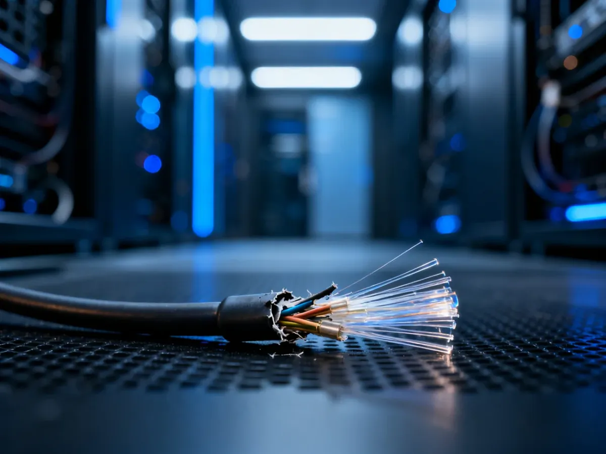 Uszkodzony kabel światłowodowy z widocznymi szklanymi włóknami na tle nowoczesnej serwerowni.