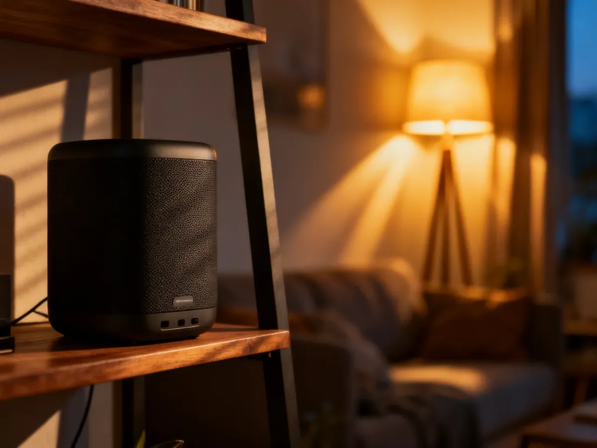 Nowoczesny głośnik bezprzewodowy na półce w przytulnym salonie, ilustrujący działanie systemu audio multiroom w domu.