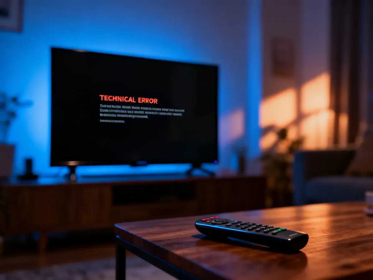 Nowoczesny telewizor z komunikatem o błędzie sieci w salonie oraz pilot leżący na stoliku kawowym.