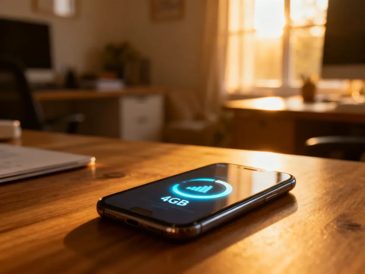 Nowoczesny smartfon na drewnianym biurku z ikoną zużycia danych, symbolizującą limit 4 GB internetu w domowym biurze.